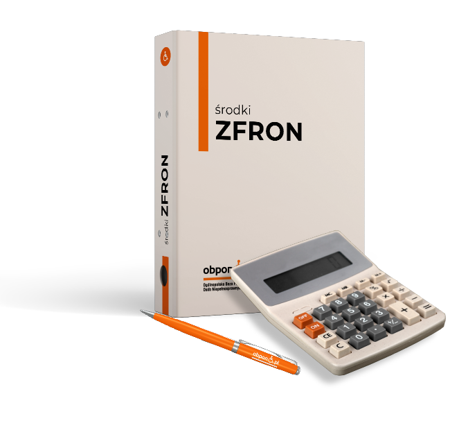 Grafika na której znajduje się segregator ZFRON, kalkulator i długopis